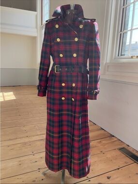 Tartan Double-Breasted Maxi Trench Coat Jacket with Belt - Red/Green